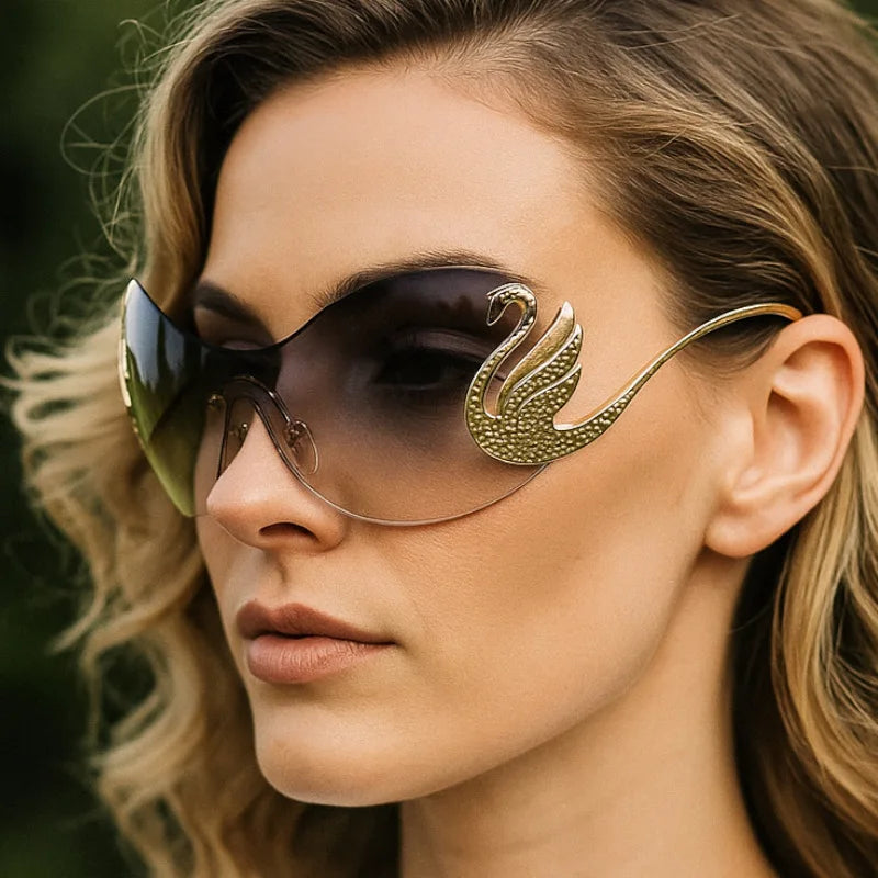 Y2k Women Fashion Swan Inlay Gradient Lens Shades Oversized Rimless Sunglasses Glasses