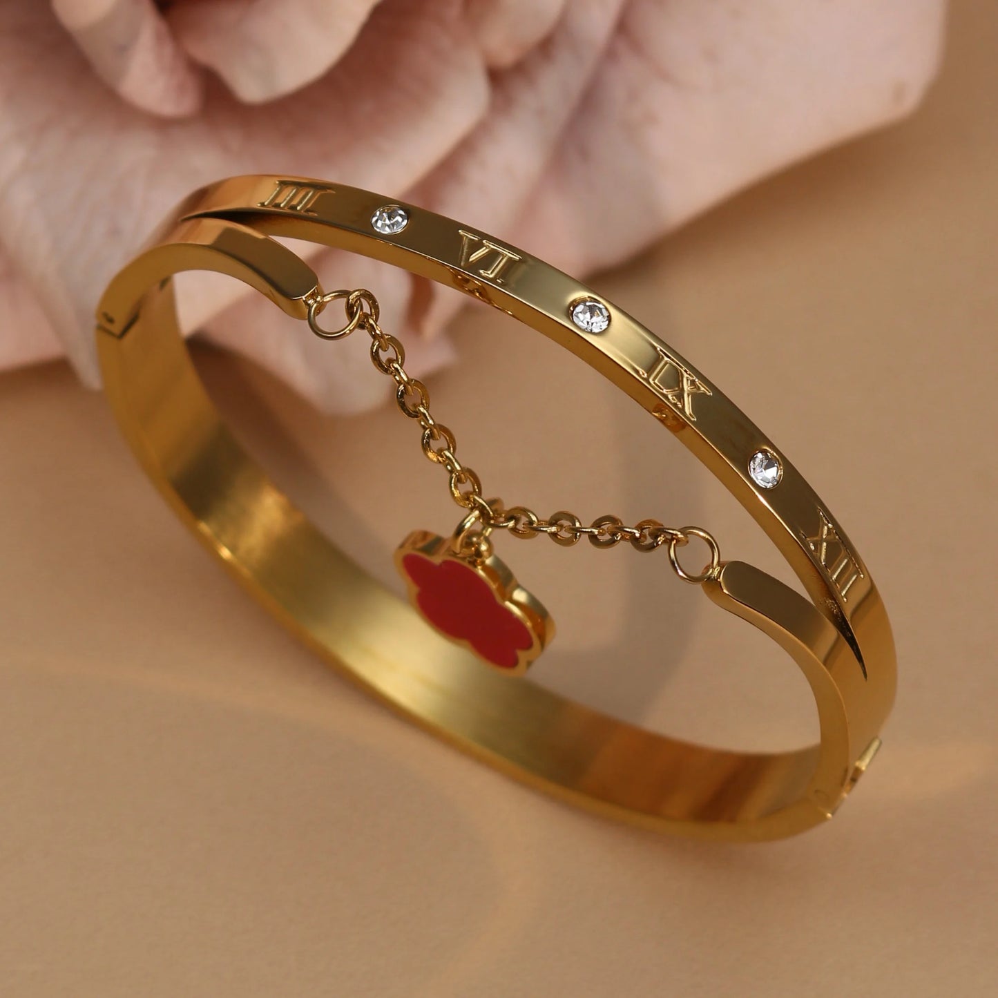 Roman Numeral Crystal Flower Shaped Pendant Stainless Steel Bracelet Bangles