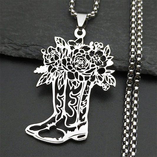 Hollow Rector West Cowboy Shoes Flower Stainless Steel Gold Silver Chain Pendant Necklace