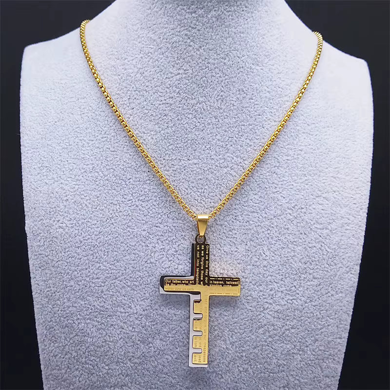 Men Stainless Steel Gold Color Bible Amulet Cross Christian Church Prayer Necklace