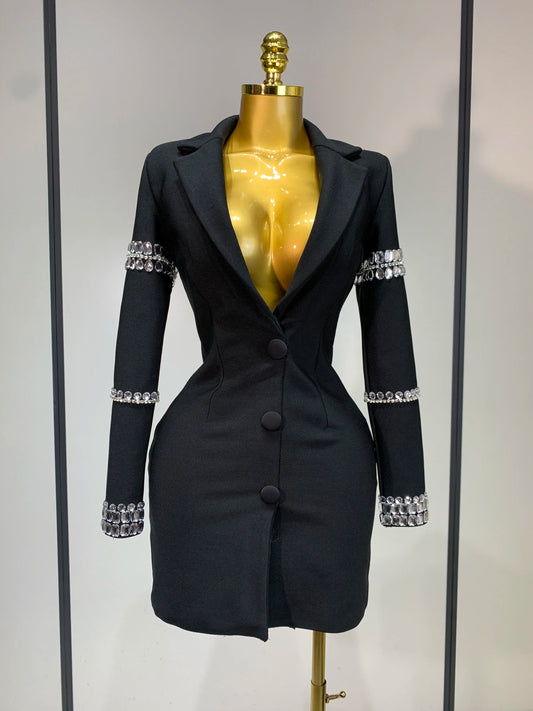 Sexy Long Sleeve V Neck Beading Rhinestone Mini Bandage Celebrity Evening Party Birthday Dress