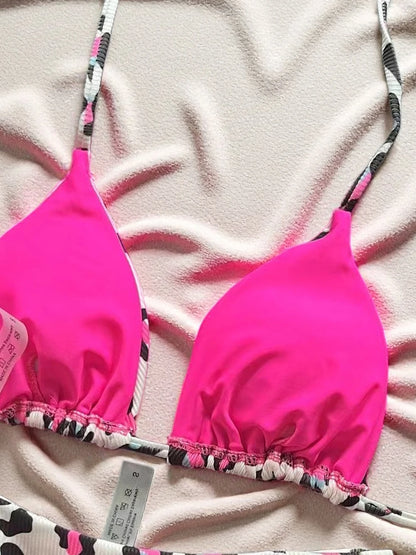 Sexy Leopard Halter Low Waist Lace-Up Two-Piece Triangle Thong Swimwear Brazilian Side-Tie Bikini Suit
