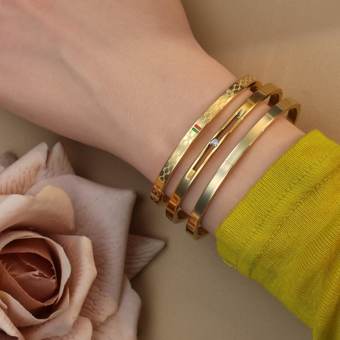 18K Gold Plated Stainless Steel Polished Zircon 50MM Bangles Bracelet