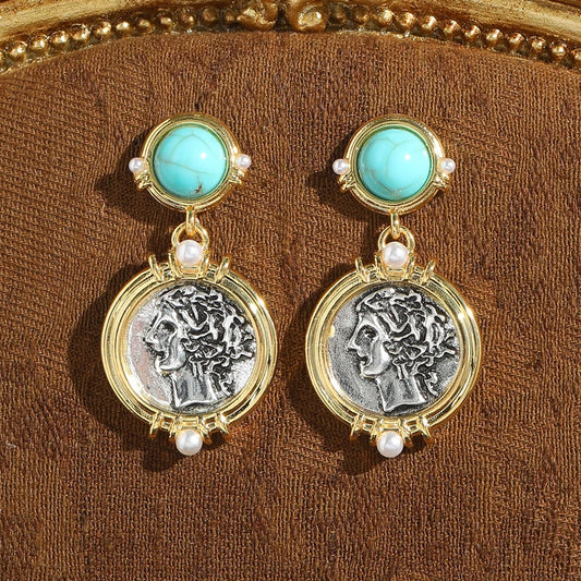 Vintage Natural Stone Blue Turquoise Round Palace Antique Gold Color Designer Drop Earrings