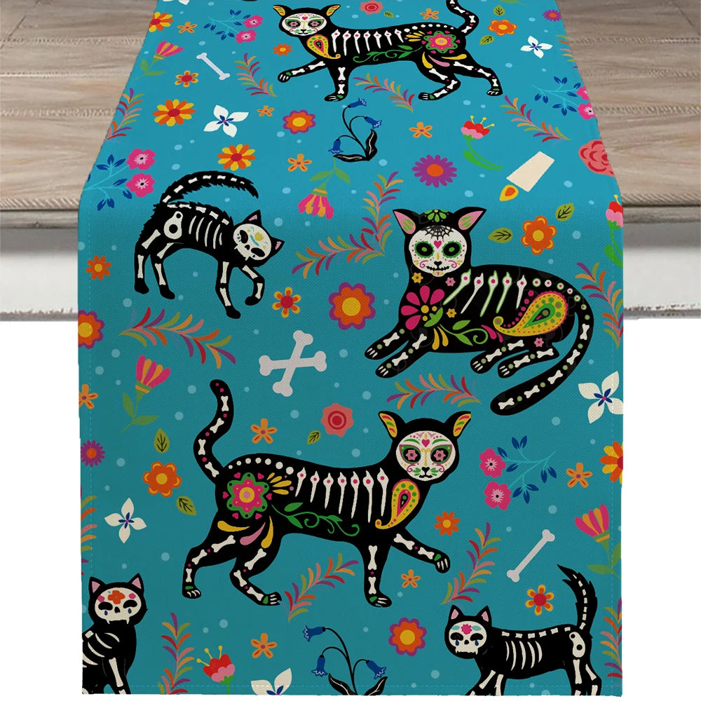 13x72 Inch Day of the Dead Mexican Carnival Skeleton Table Runner Style Decor