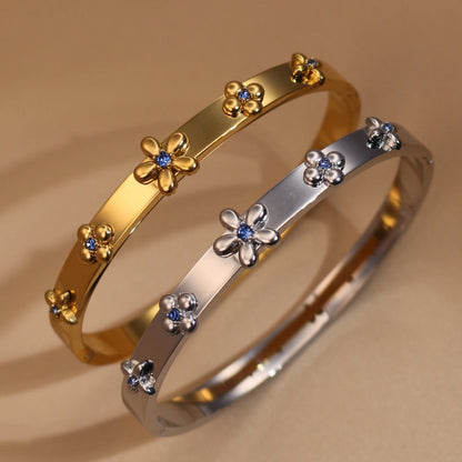 New Floral Blue Zircon Lentil Design 18K Gold Plated Stainless Steel Women's Bracelet Jewelry