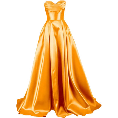 Sweetheart Strapless Pleat Satin Prom Women Long A Line Corset Formal Evening Party Dress w/ Pockets
