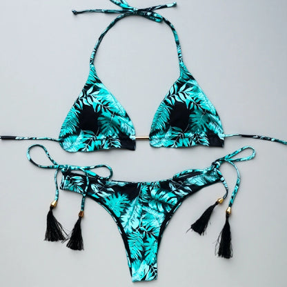 Women Micro Thongs Swimsuit Bathing Bandage Beachwear Print Swimwear Triangle Chain Bikini