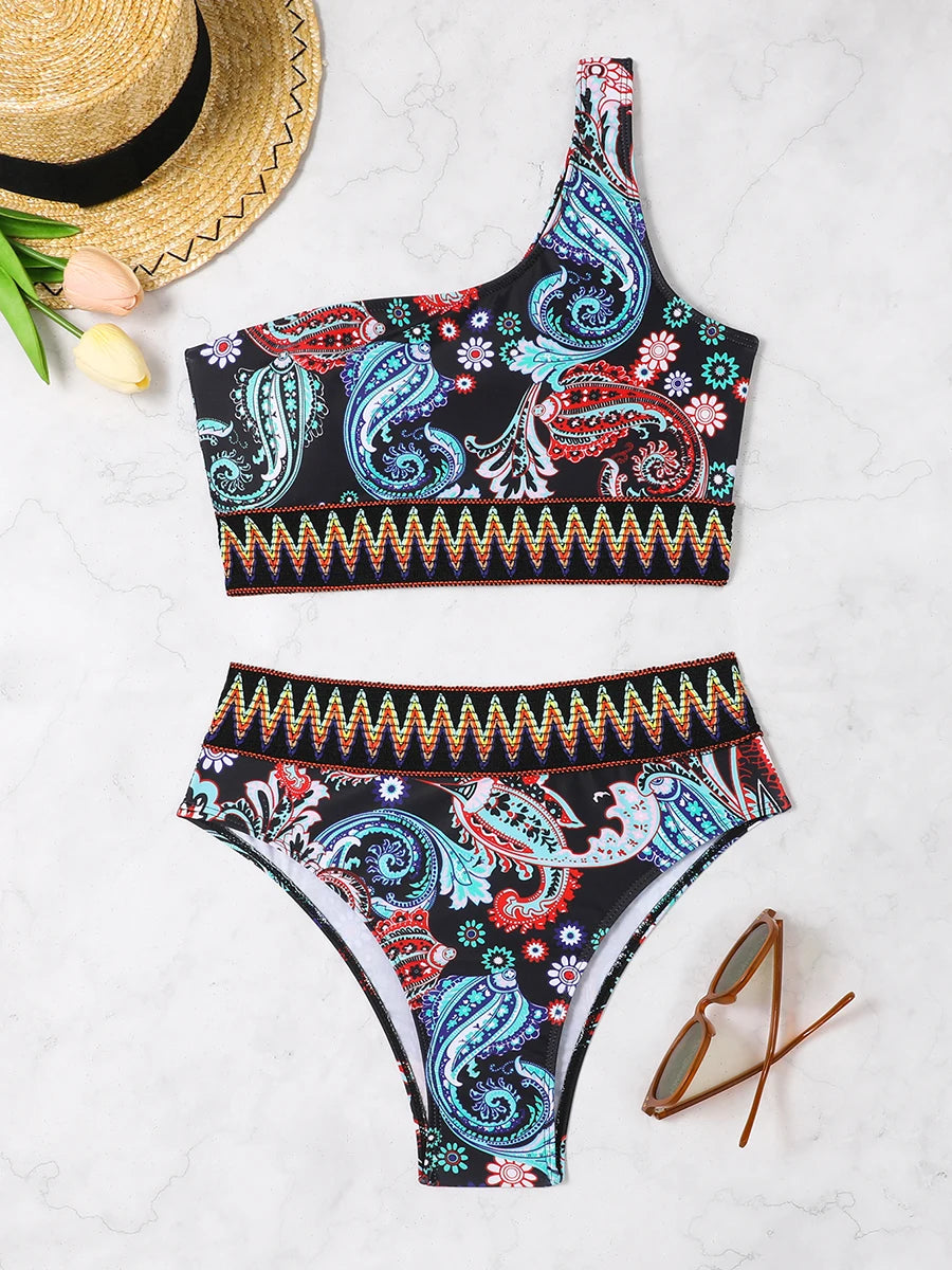 Women Printed Bikini High Waist Swimsuit One Shoulder Swimwear Bathing Swimming Suit