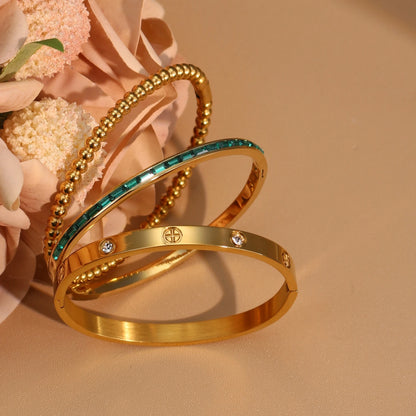 Women 18k Gold Plated Stainless Steel Green Zircon Bangles Bracelet Set Gift.