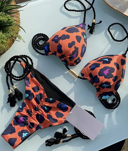 Women Leopard Print Bikini Triangle Braiding Rope Bathing Halter Swimwear Bandage Brazilian Suit
