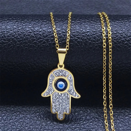 Greek Eye Fatima Hand Women Men Stainless Steel Turkish Evil Blue Eye Necklace Pendant