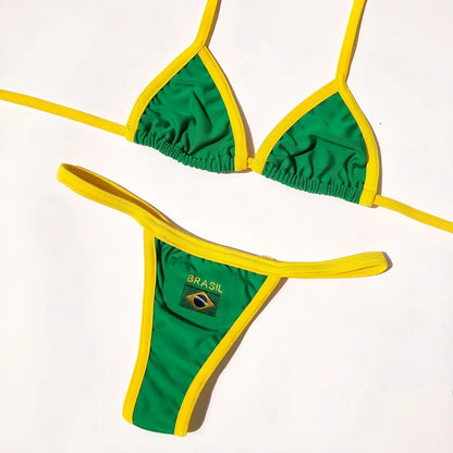 Women Swimwear Swimsuit Two-pieces Brazil Flag Bathing G-string Thong Brazilian Bikini Suit
