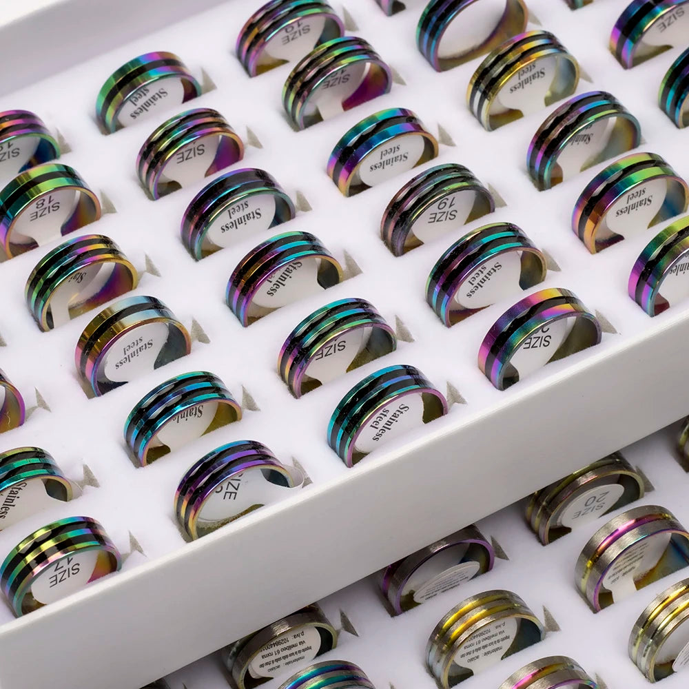 50Pcs/Lot Stainless Steel Colorful Stripe Fashion Classic Charm Rings