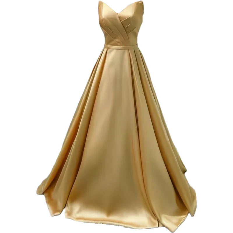 Women Strapless Simple Satin A Line Evening Party Formal Gown Corset Pleat Sweetheart Long Prom Dress w/Pocket