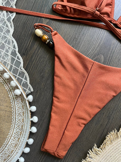 Sexy Women Pearls Strap Hole Out Push Up Bra Thong Swimsuit Brazilian Beach Bathing Micro Bikini Suit