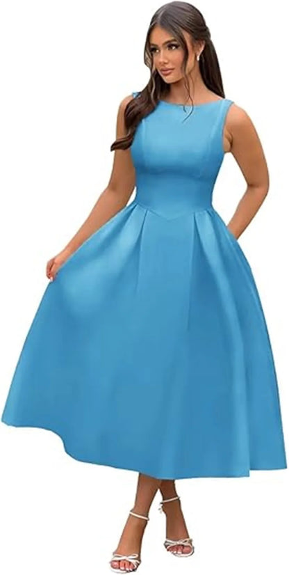 Simple Elegant O-Neck Satin Midi Prom Tea Length Backless A Line Formal Evening Party Bridal Dress w/ Pockets