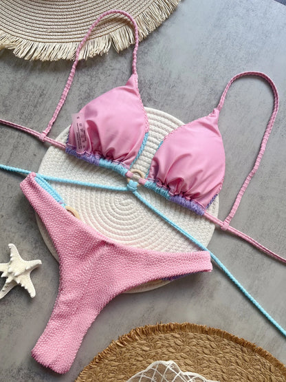 Sexy Push Up Neon Green Tassel Drawstring Side Thong Swimsuit Swimwear Bathing Suit