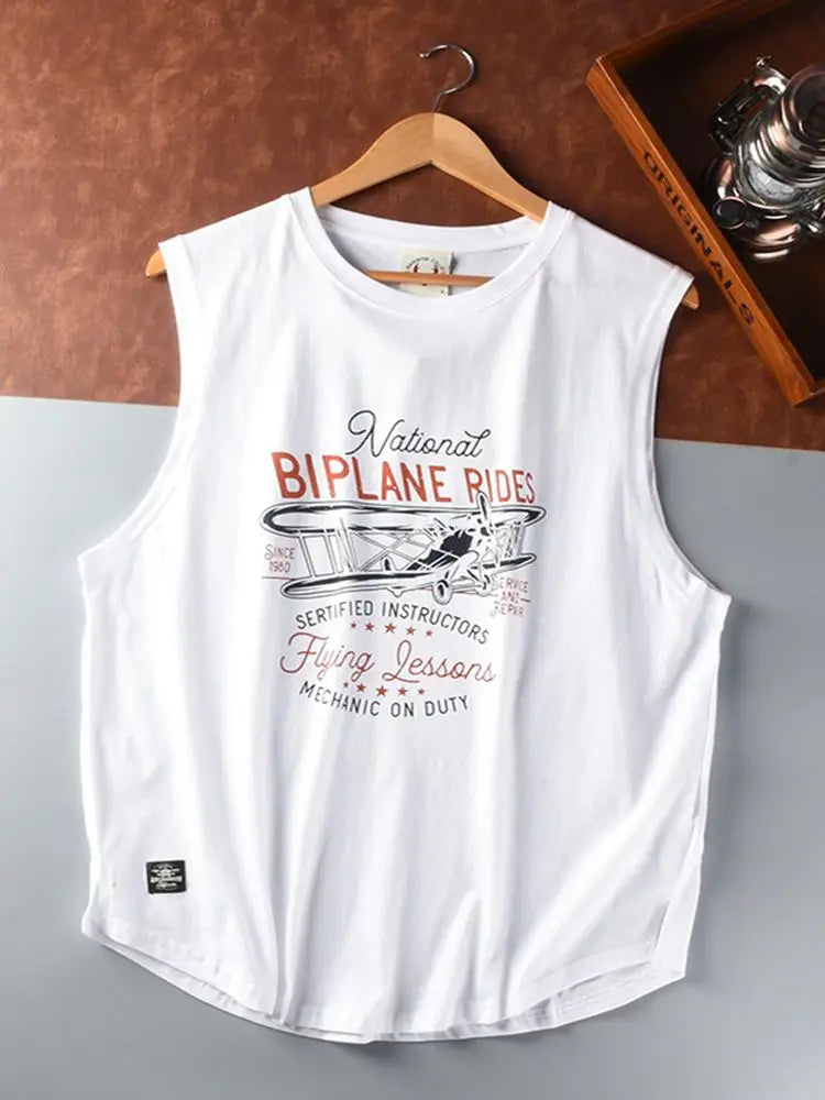 Men Bi-Plane Rides Sleeveless O-neck Printed T-shirt Fashion Washed Sports Vest Tops