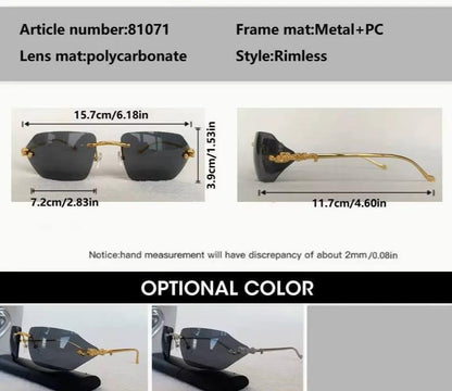 Women Men Gold Silver Designer Y2K Rimless Curved Rectangle Vintage Punk Shades Sunglasses