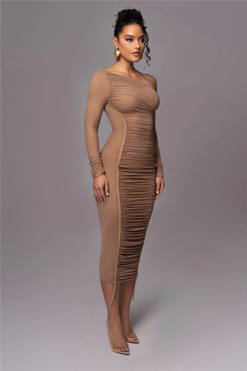 Sexy Diagonal Collar Long Sleeve Midi Two Layer Mesh Backless Ruched Bodycon Club Party Maxi Dress