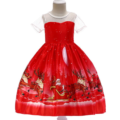 Kids Girls Princess Cartoon Santa Claus Snowflake Costume Xmas Party Print Dress