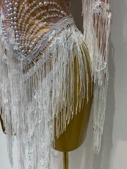Sexy Rhinestone Sequins Tassel Mesh See Through Evening Party Nightclub Singer Sparkly Dress