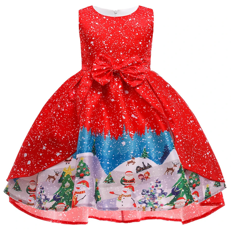 Kids Girls Princess Cartoon Santa Claus Snowflake Costume Xmas Party Print Dress