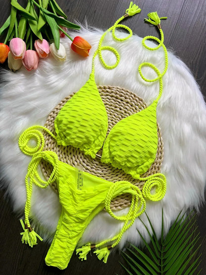 Sexy women's Split Necktie Swimsuit 2-piece Beach Swimwear Bikini Suit