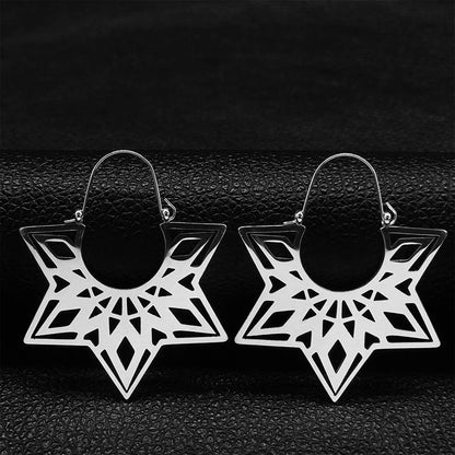 Women Yoga Lotus Flower Stainless Steel Gold Color Hoop Earrings