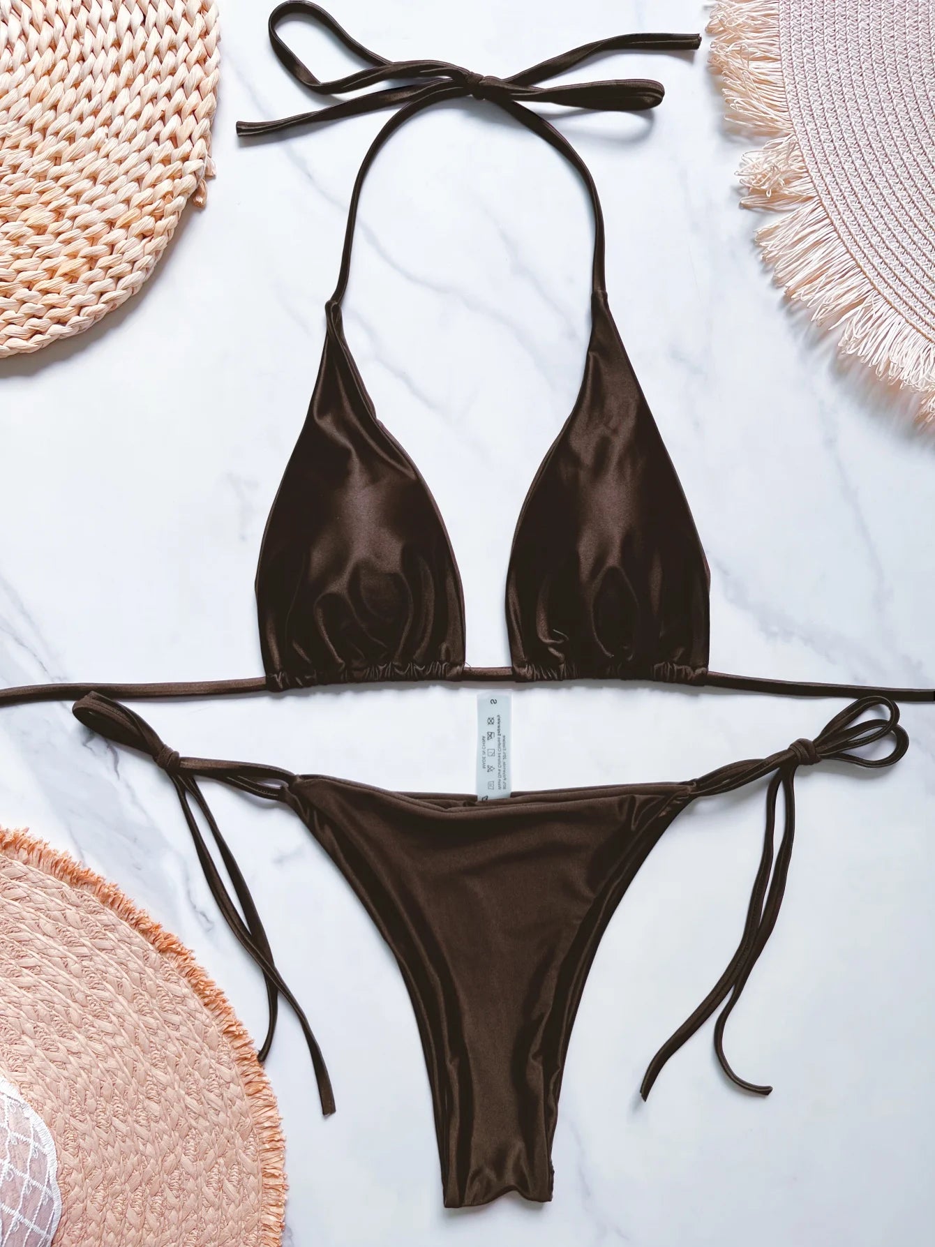 High Cut Halter Brazilian Metallic Satin Women Swimwear Swimsuit Two-pieces Bikini Set
