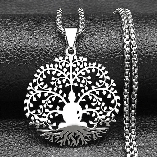 Unisex Tree of Life Buddhism Meditation Stainless Steel Gold Color Chain Necklace