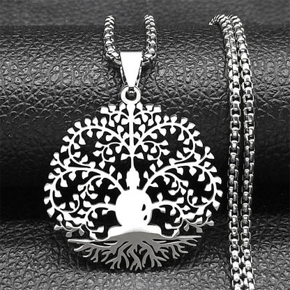 Men Women Tree of Life Buddhism Meditation Stainless Steel Gold Color Chain Necklace