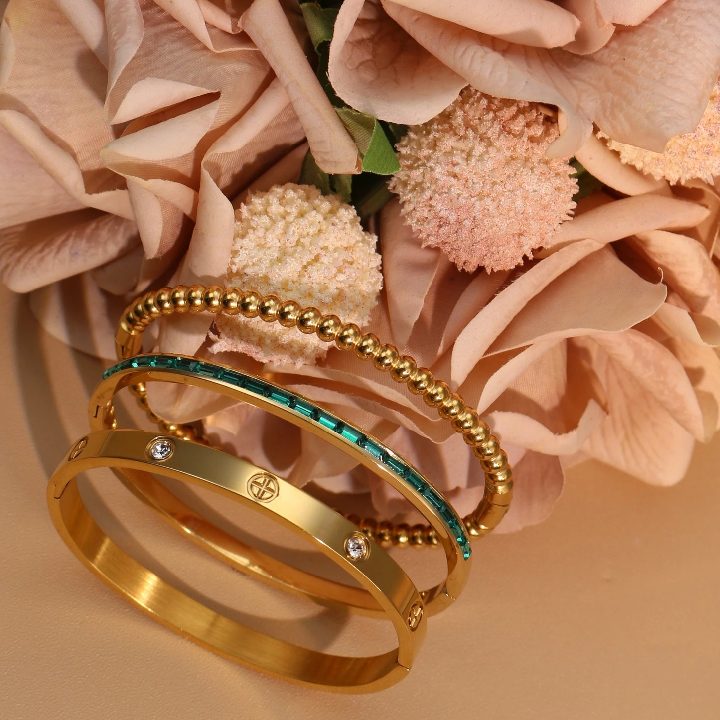 Women 18k Gold Plated Stainless Steel Green Zircon Bangles Bracelet Set Gift.