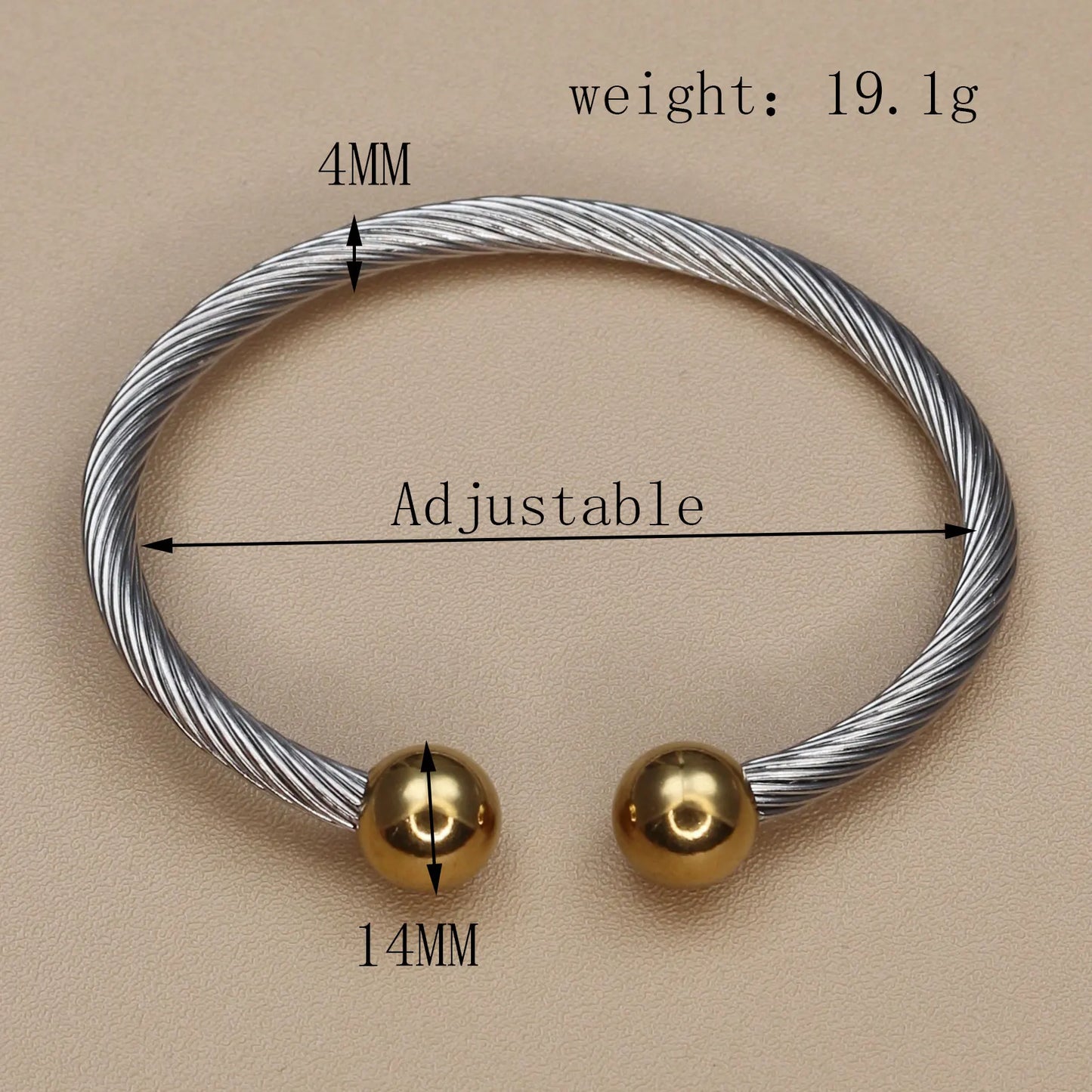 Stainless Steel Ball Open Cuff Bangle Wire Rope Bracelet Wrist Ornament Jewelry Gift