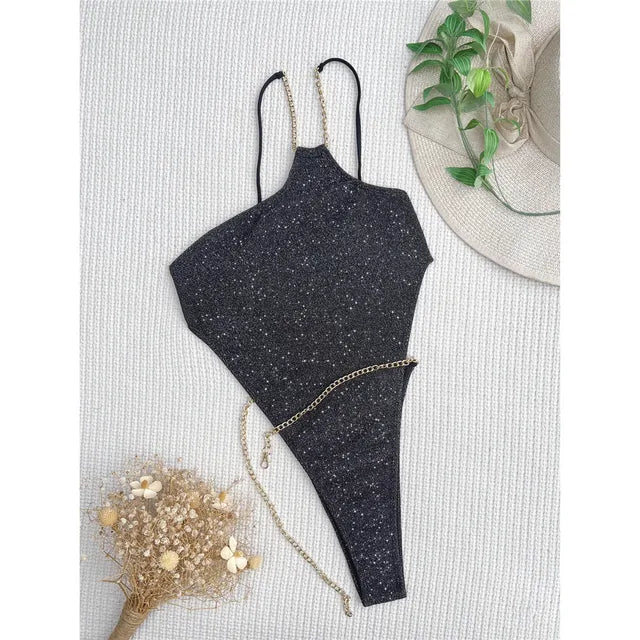 Women Shiny Glitter Sparkling One Shoulder Thong One Piece Swimsuit Swimwear Bathing Suits