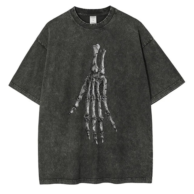 Men Skeleton Hands Graphic Cotton Distressed Washed Tees Shirts Tops