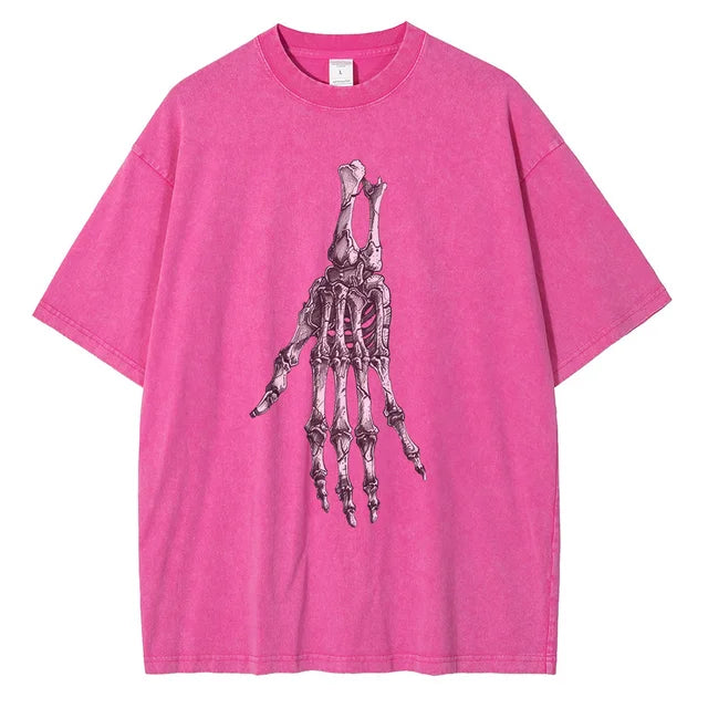 Men Skeleton Hands Graphic Cotton Distressed Washed Tees Shirts Tops