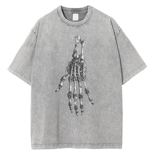 Men Skeleton Hands Graphic Cotton Distressed Washed Tees Shirts Tops