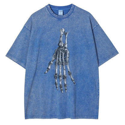 Men Skeleton Hands Graphic Cotton Distressed Washed Tees Shirts Tops