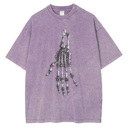 Men Skeleton Hands Graphic Cotton Distressed Washed Tees Shirts Tops