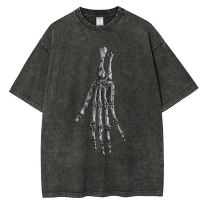 Men Skeleton Hands Graphic Cotton Distressed Washed Tees Shirts Tops