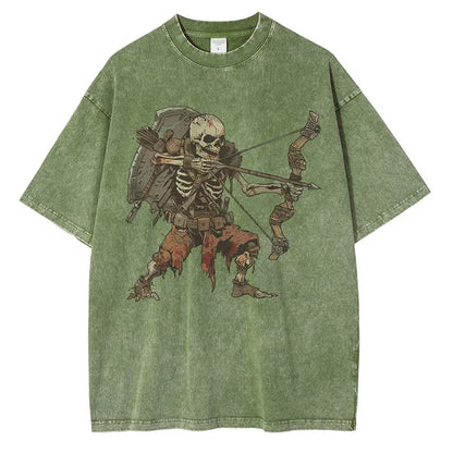 Men Skeleton Undead Warrior Dark Dungeon Comic Print Distressed Washed Cotton Tops Tees Shirt