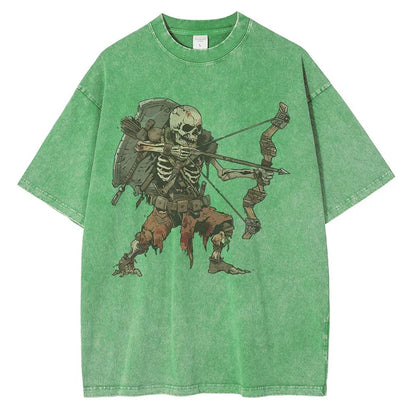 Men Skeleton Undead Warrior Dark Dungeon Comic Print Distressed Washed Cotton Tops Tees Shirt