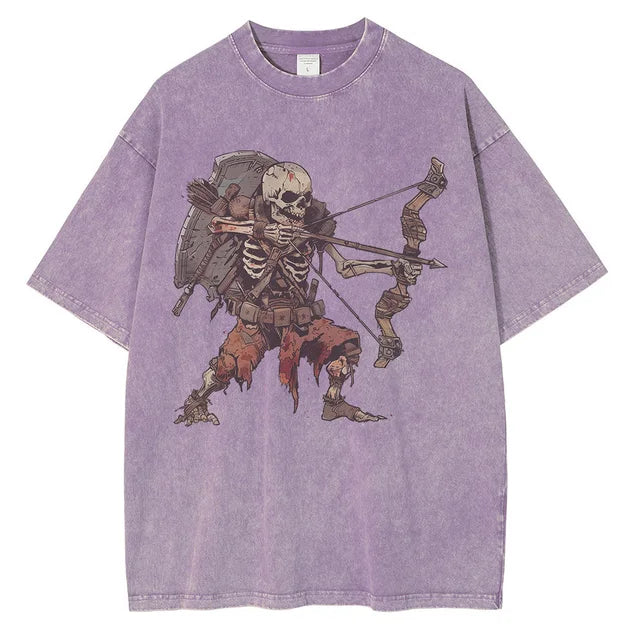 Men Skeleton Undead Warrior Dark Dungeon Comic Print Distressed Washed Cotton Tops Tees Shirt