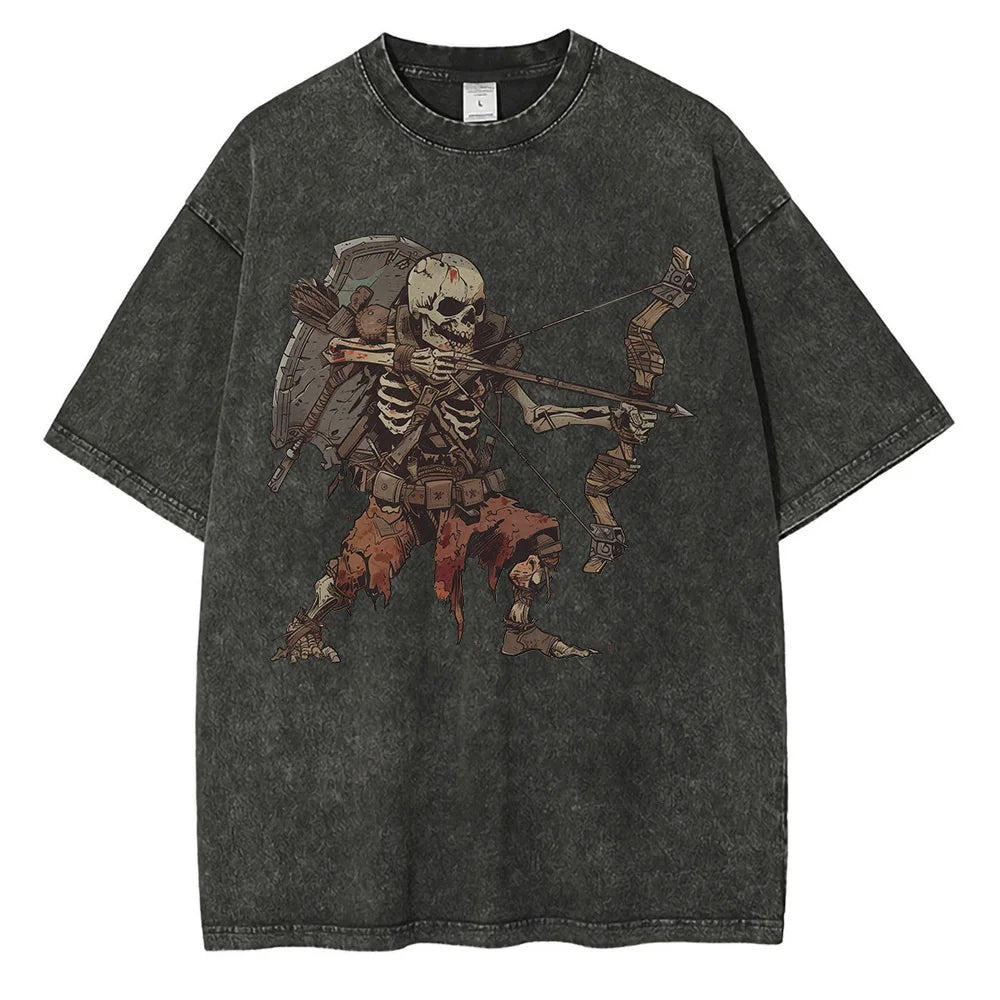 Men Skeleton Undead Warrior Dark Dungeon Comic Print Distressed Washed Cotton Tops Tees Shirt