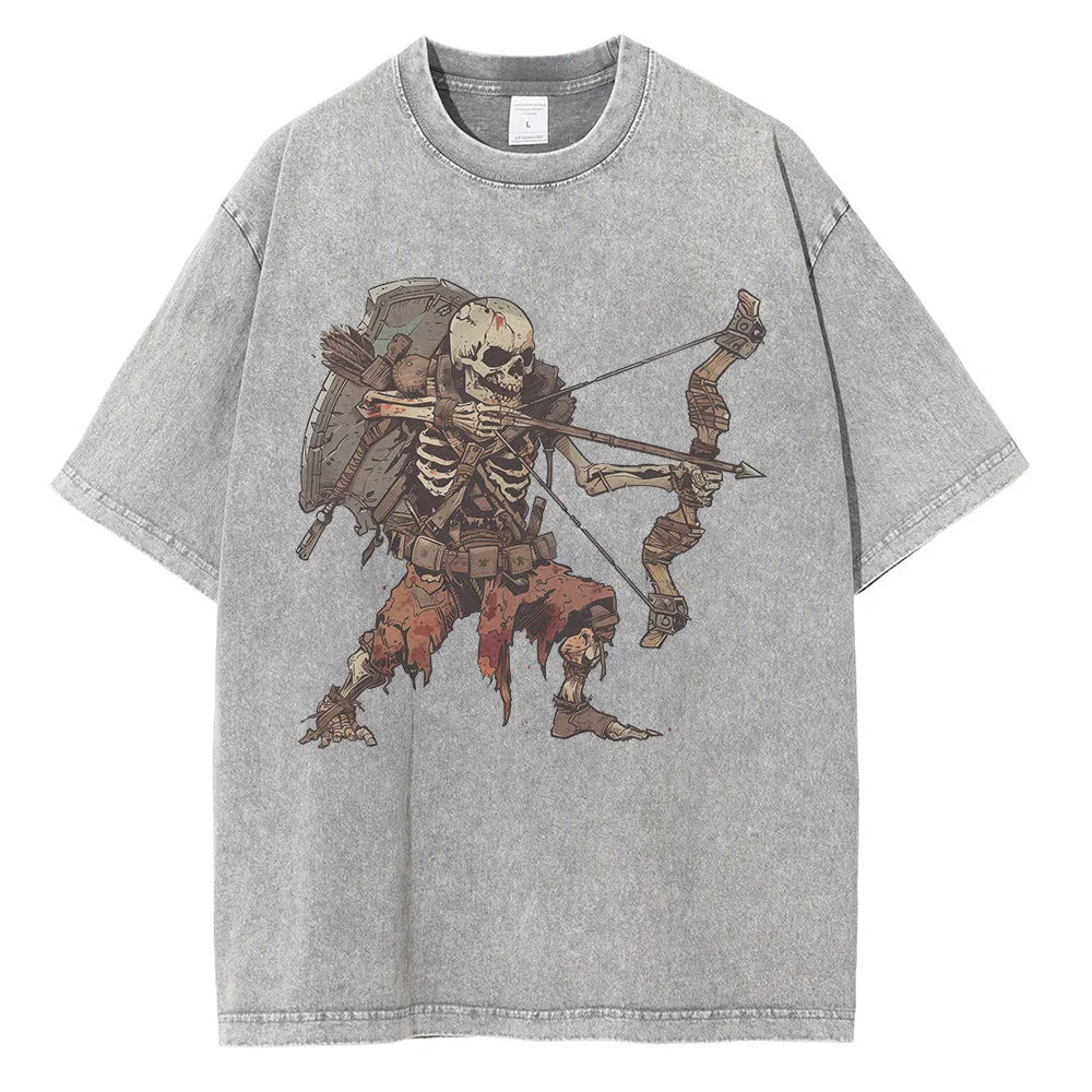 Men Skeleton Undead Warrior Dark Dungeon Comic Print Distressed Washed Cotton Tops Tees Shirt