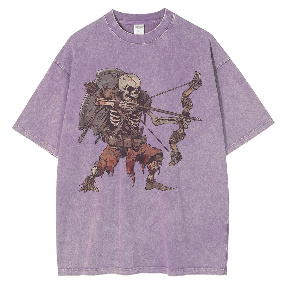 Men Skeleton Undead Warrior Dark Dungeon Comic Print Distressed Washed Cotton Tops Tees Shirt