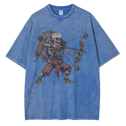 Men Skeleton Undead Warrior Dark Dungeon Comic Print Distressed Washed Cotton Tops Tees Shirt