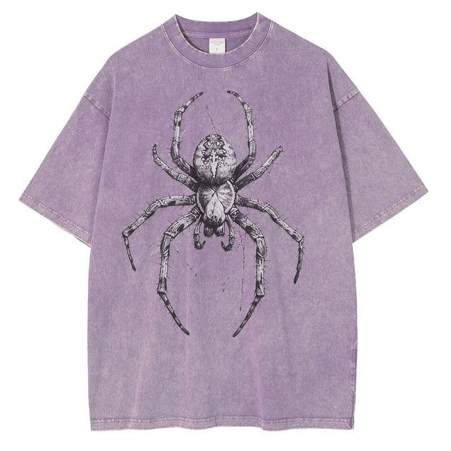 Men Fashion Spider Hand Drawn Distressed Cotton Short Sleeves Printed Loose Tops Shirt